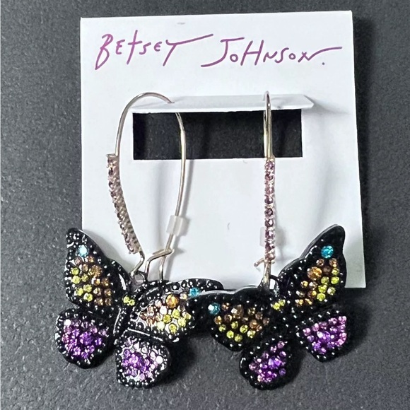 NWT 🖤🦋🖤 Betsey Johnson Pavé Butterfly Earrings Black Multicolor Crystals - Picture 11 of 16